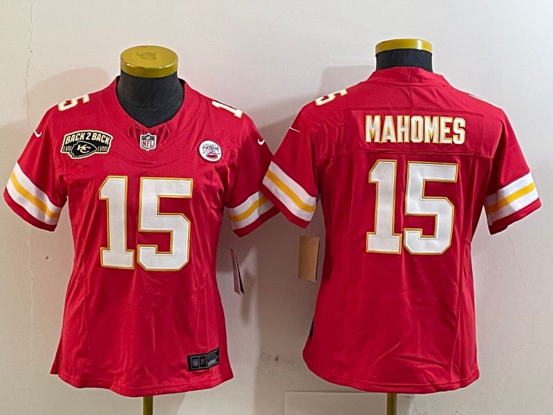 Women Kansas City Chiefs #15 Mahomes Red three generations 2025 Nike Vapor Limited NFL Jersey style 3